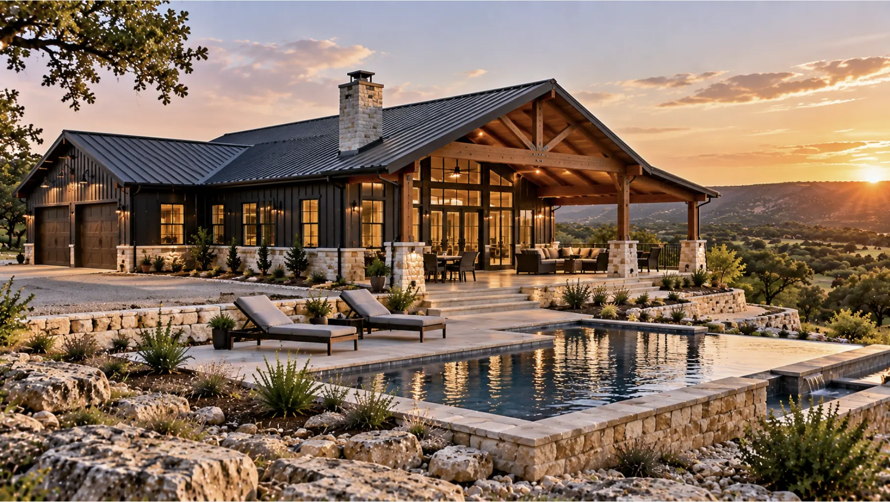 Custom Texas Hill Country barndominium with premium finishes, covered outdoor living area, pool, and limestone site features