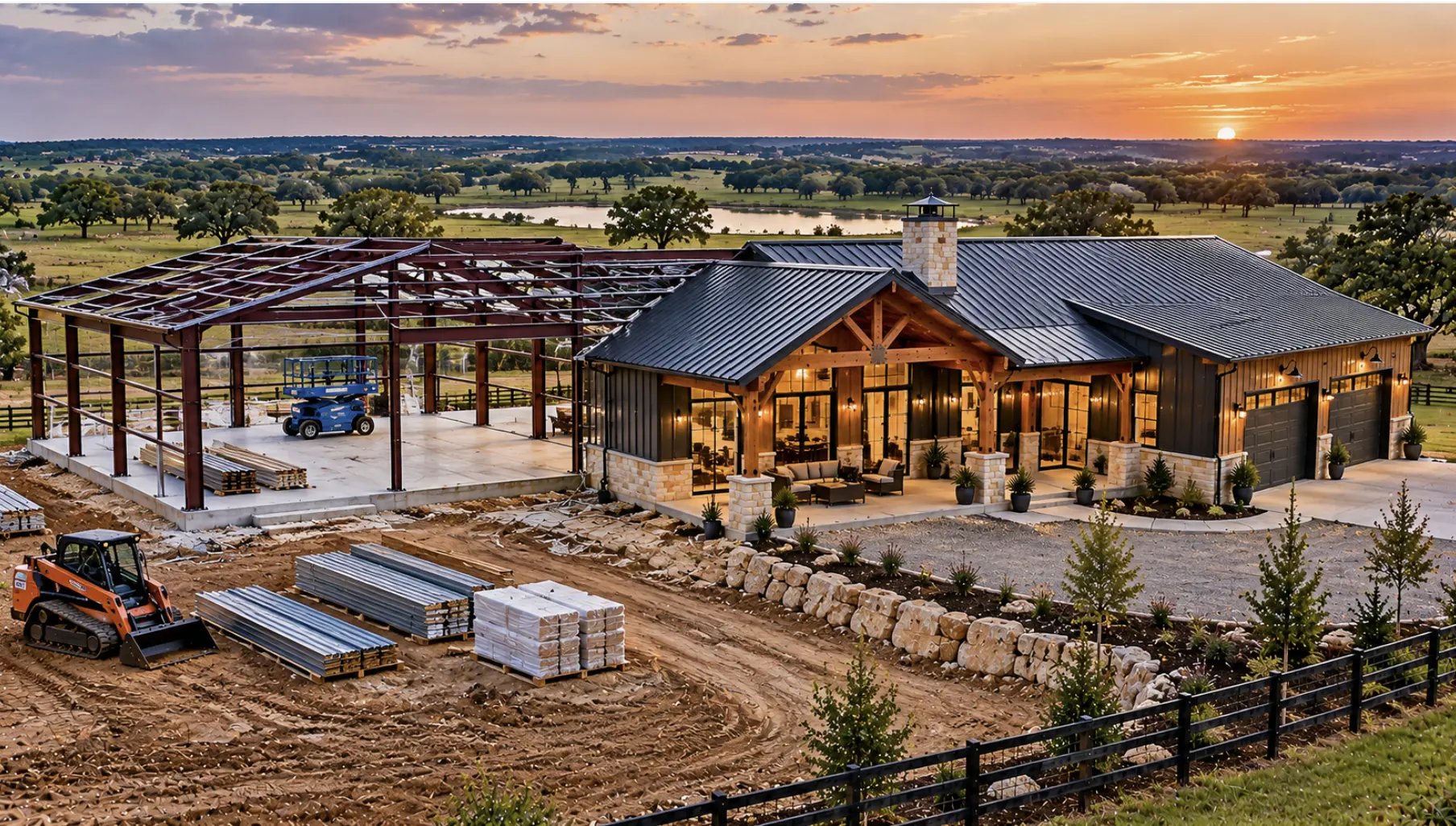 Burleson barndominium building process showing steel-frame construction, site preparation, materials, and a completed section of the turnkey home