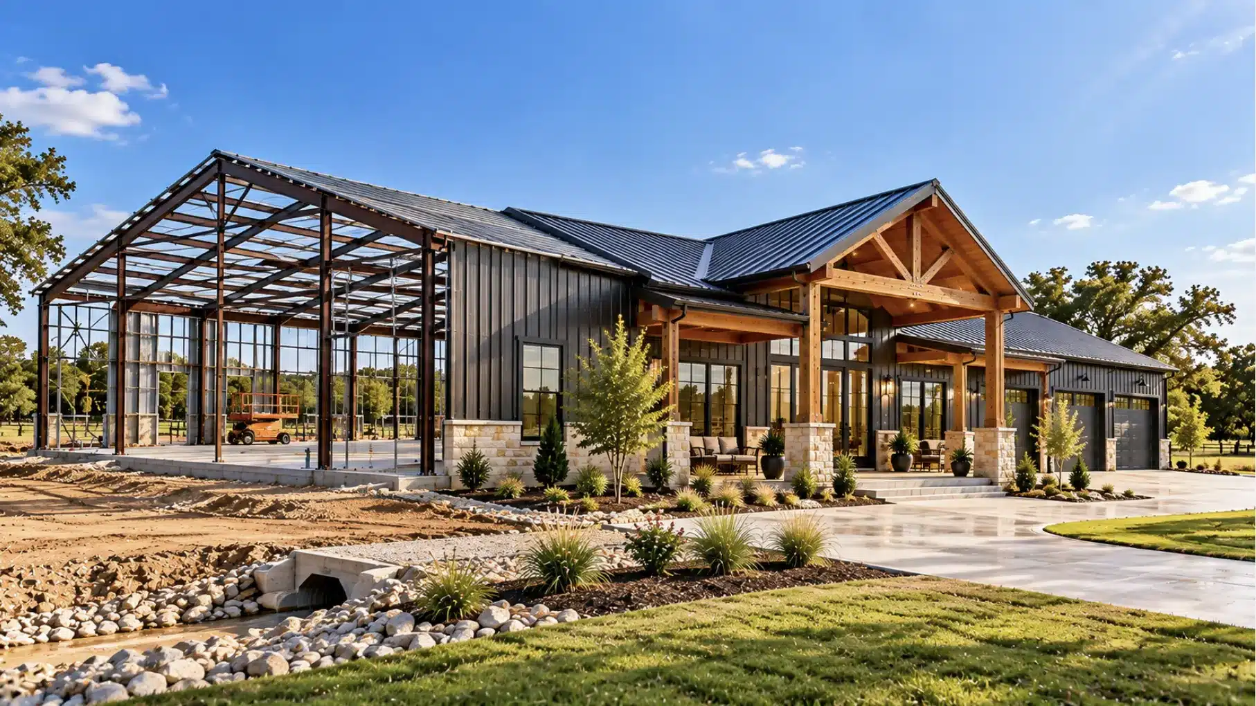 Fort Worth barndominium building process showing steel-frame construction transitioning into a finished turnkey home