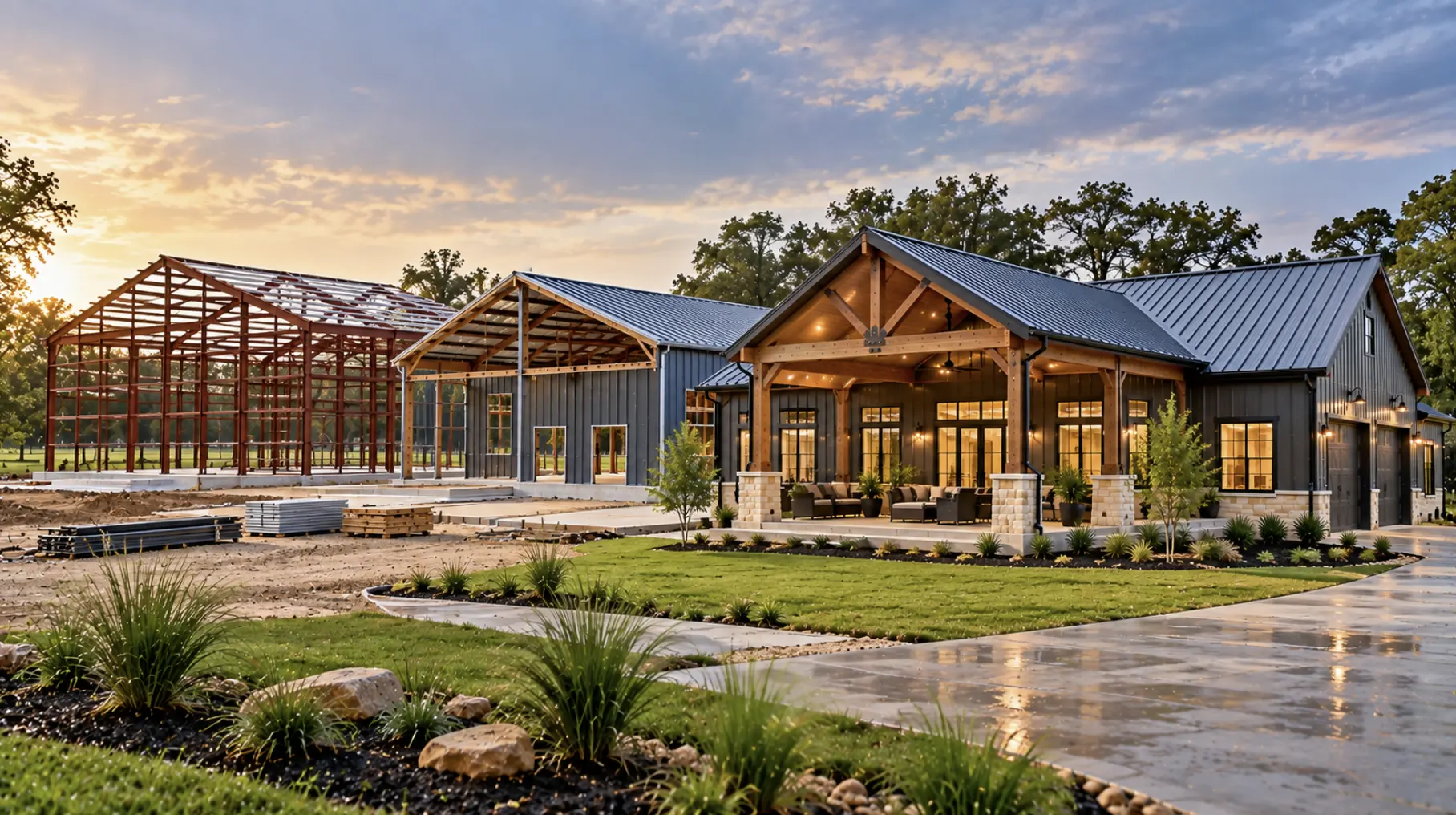 Houston barndominium building process showing steel-frame construction transitioning into a completed turnkey home