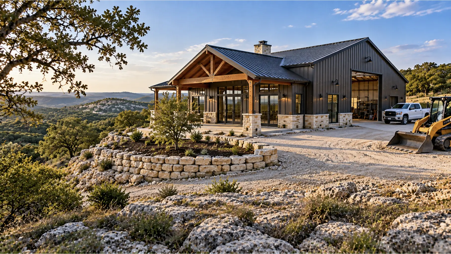 Texas Hill Country barndominium under construction on a prepared rural site with access, grading, and development work underway