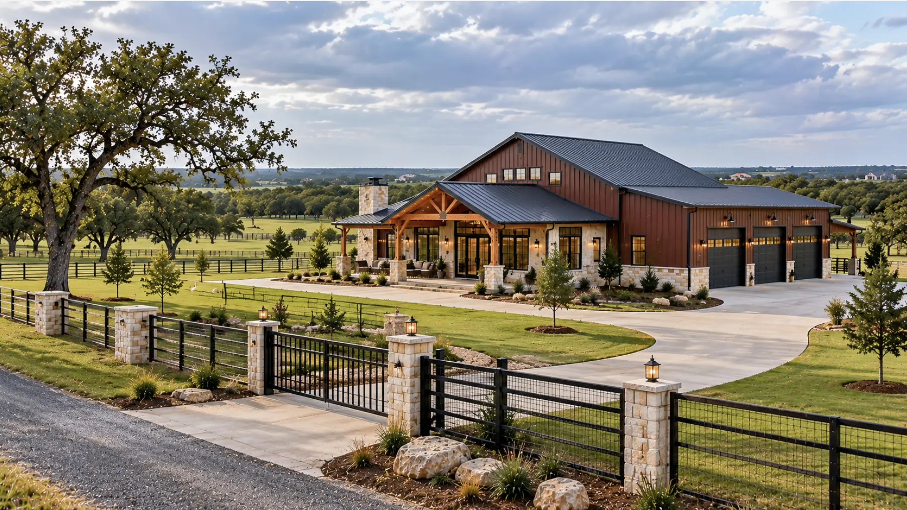 Burleson barndominium on a planned residential property with gated access, driveway layout, detached building, and defined property boundaries
