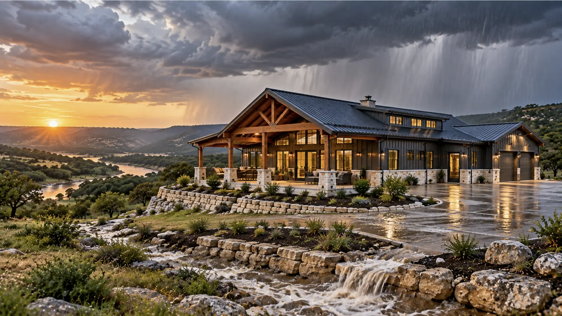 Texas Hill Country barndominium designed for heavy rainfall, rapid runoff, and flood risk on sloped rocky terrain