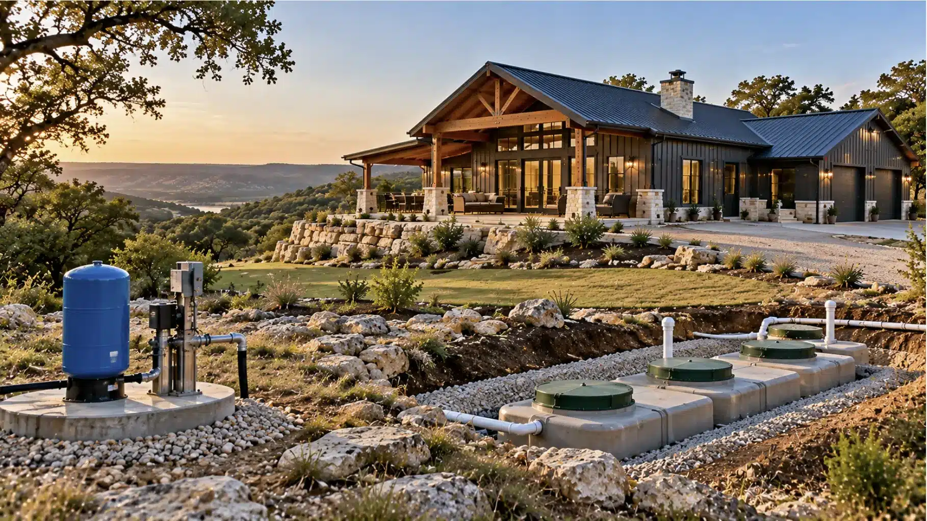 Rural Texas Hill Country barndominium with septic system, private well, and utility infrastructure on rocky acreage