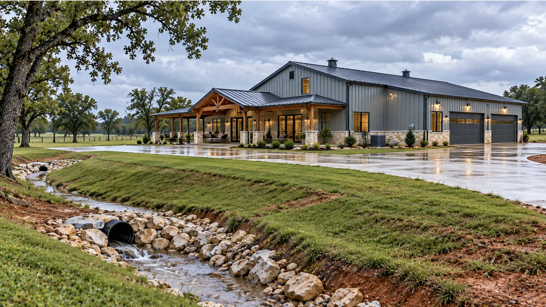 Burleson barndominium with graded site, stormwater drainage swale, culvert, and wet-weather runoff management