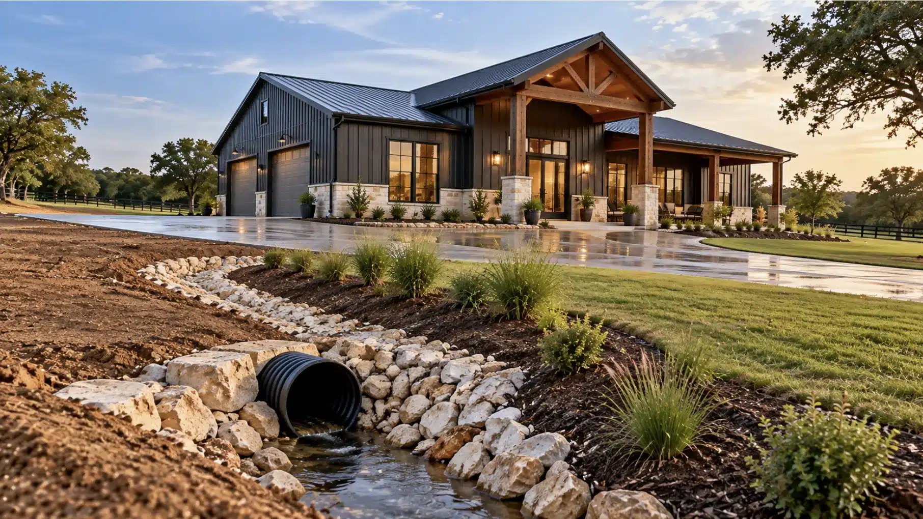 Modern Fort Worth barndominium with graded site, rock-lined drainage swale, and culvert for effective water management