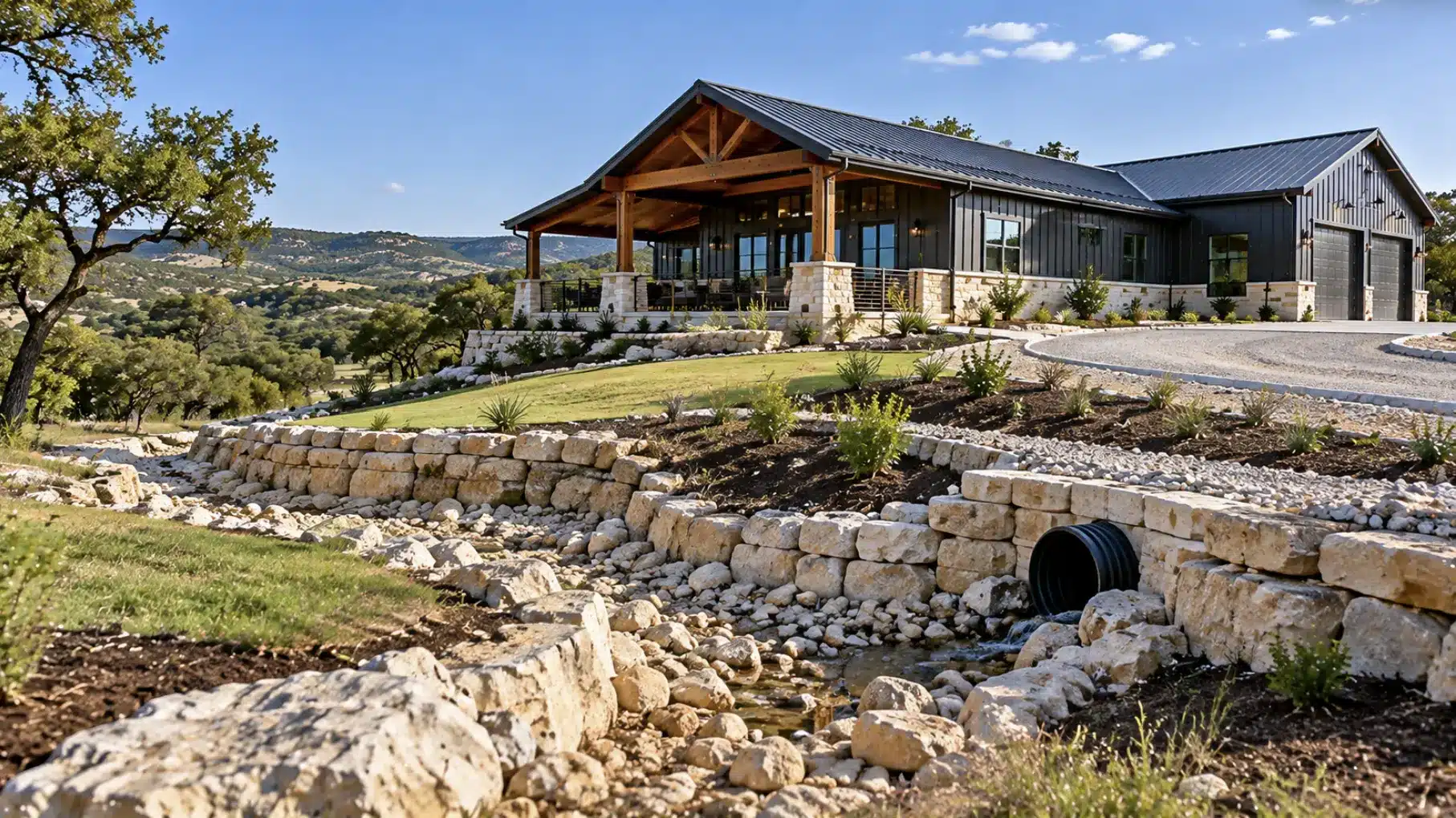 Texas Hill Country barndominium with graded land, limestone drainage channel, and culvert for effective site drainage