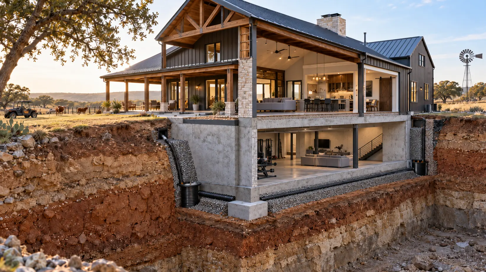 Texas barndominium with a basement cutaway showing the relationship between the living space, foundation, soil and below-grade construction.