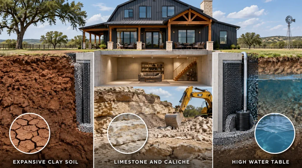 Texas barndominium basement foundation showing expansive clay soil, limestone excavation and high water table considerations.