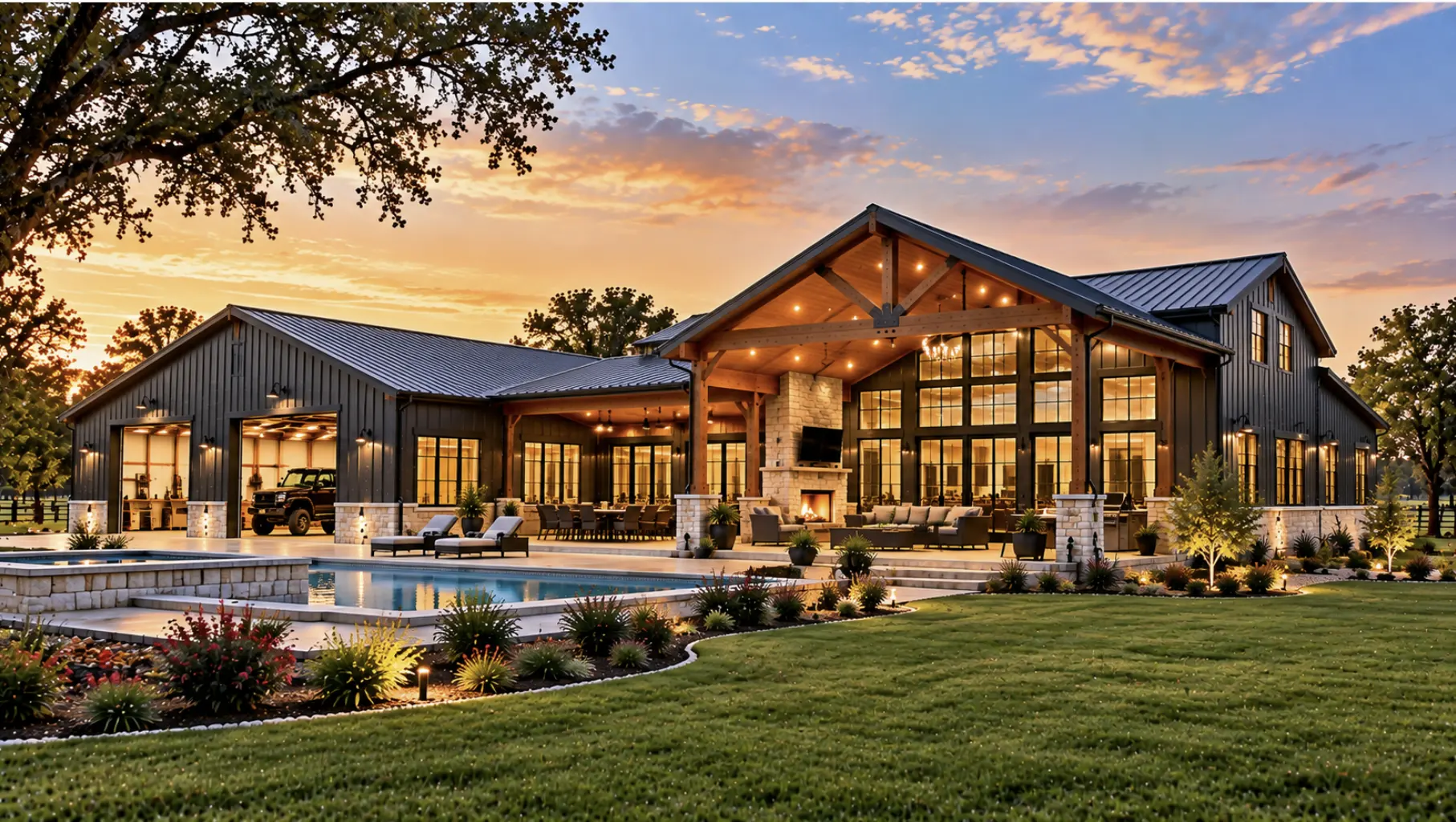 Turnkey Houston barndominium with custom design, workshop garage, covered outdoor living space, pool, and complete residential finishes