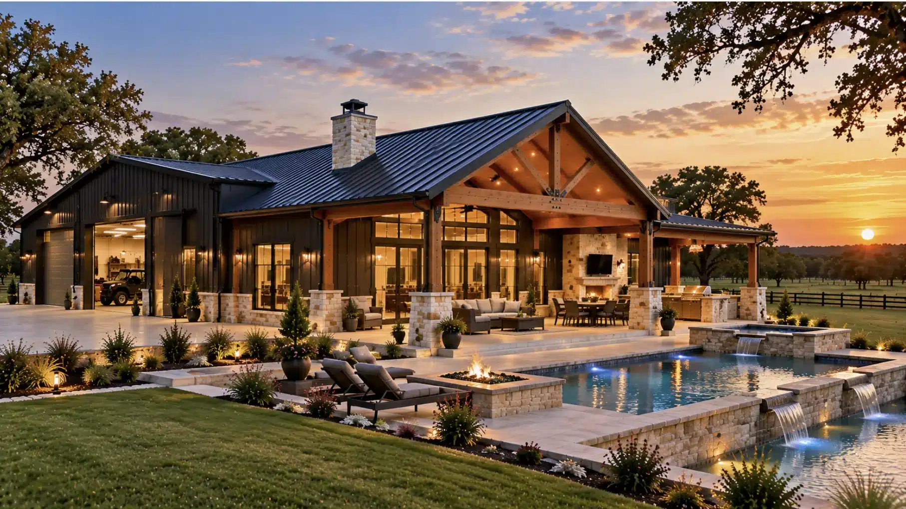 Turnkey Texas barndominium with custom design, workshop, outdoor living area, and complete residential finishes