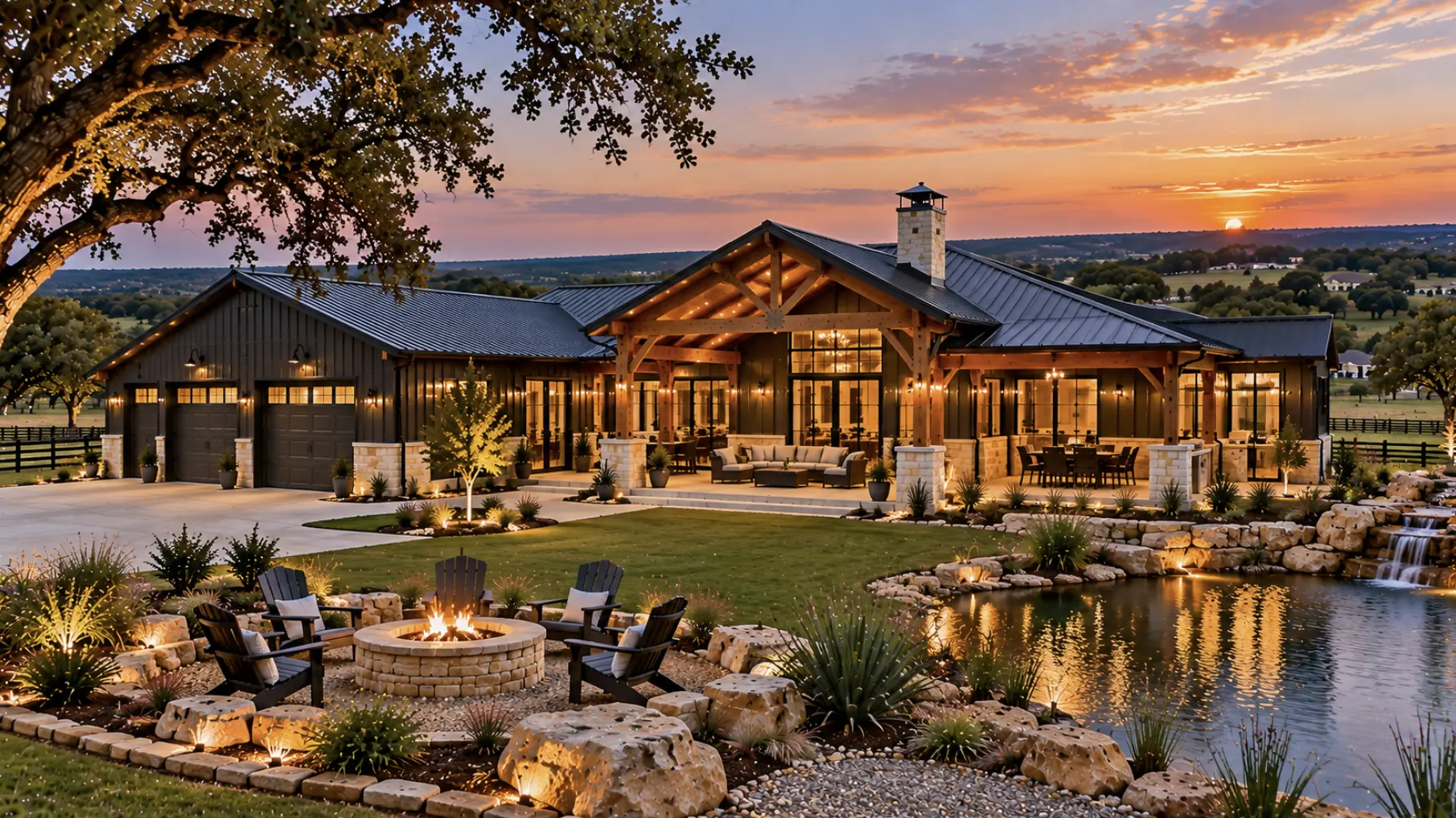 Turnkey Burleson barndominium with custom design, garage, covered outdoor living space, and professionally finished Texas property