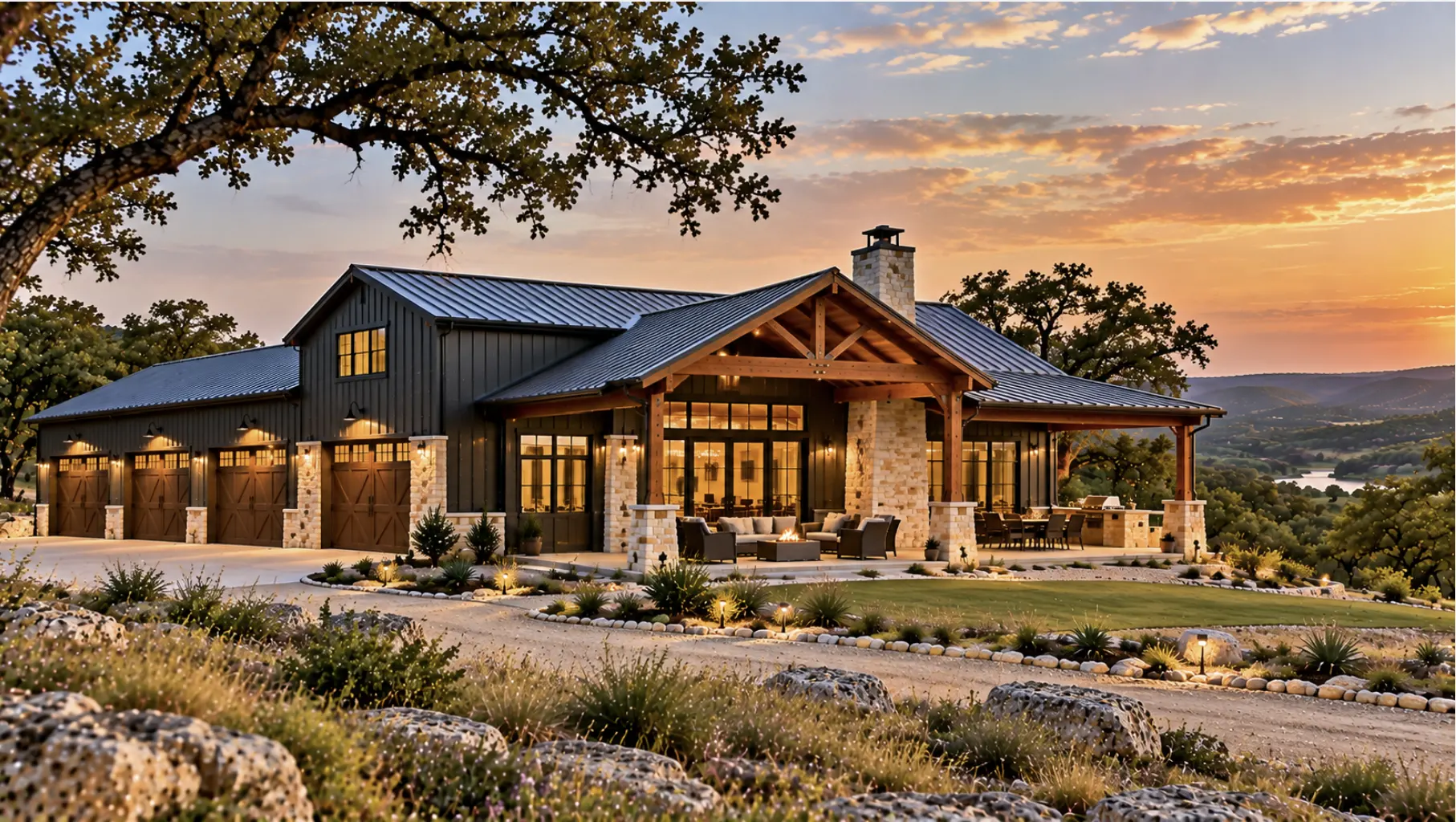 Turnkey Texas Hill Country barndominium with custom design, attached garage, covered outdoor living space, and finished landscaping