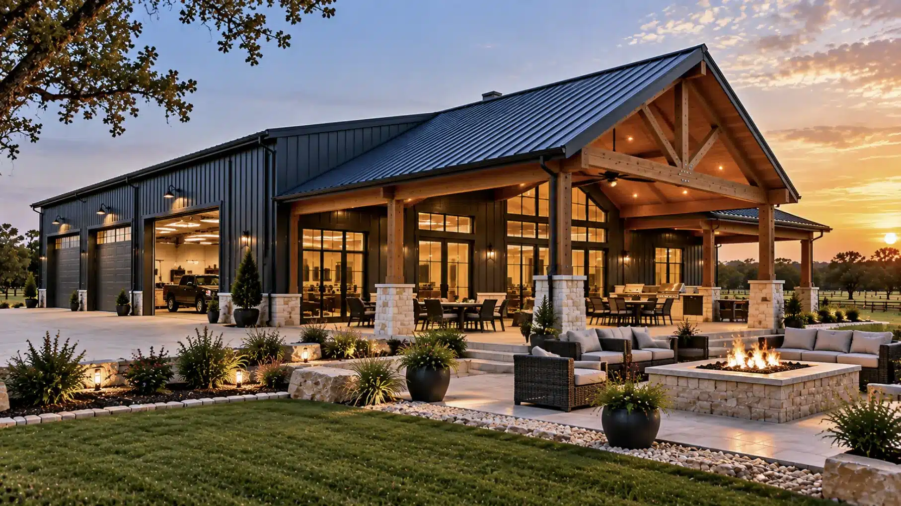 Professionally built Fort Worth barndominium with custom garage, covered outdoor living space, and finished Texas property