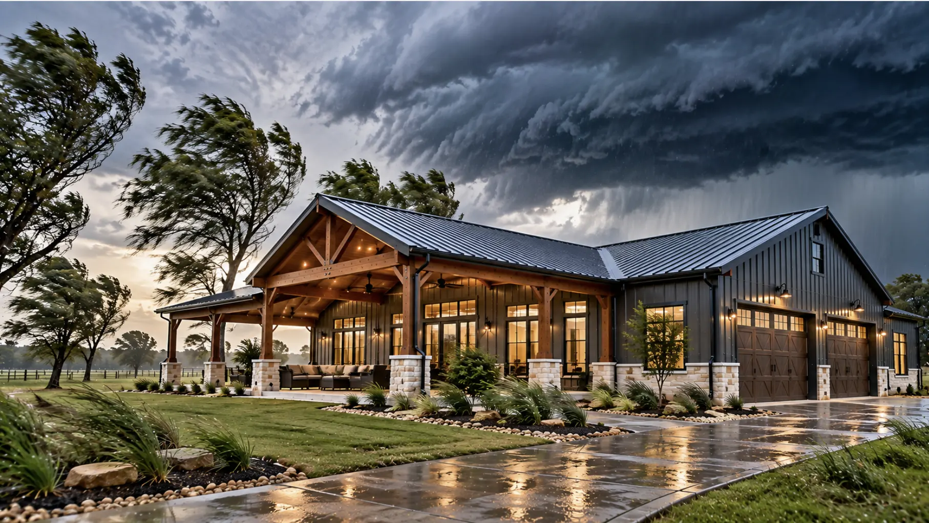 Houston barndominium engineered for strong winds and Gulf Coast storms with a metal roof and reinforced exterior structure