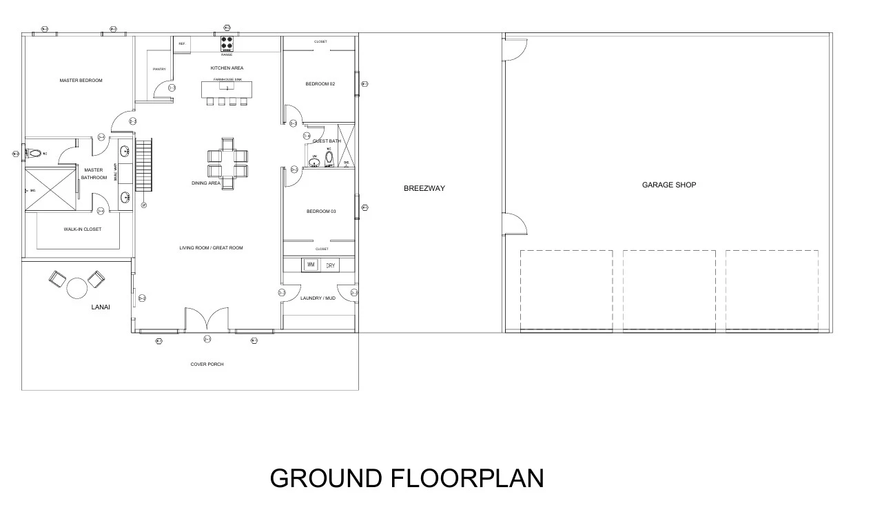 Ground floor plan of The Timberhaven showing three bedrooms, two bathrooms, an open living area, kitchen, covered breezeway and garage/shop.