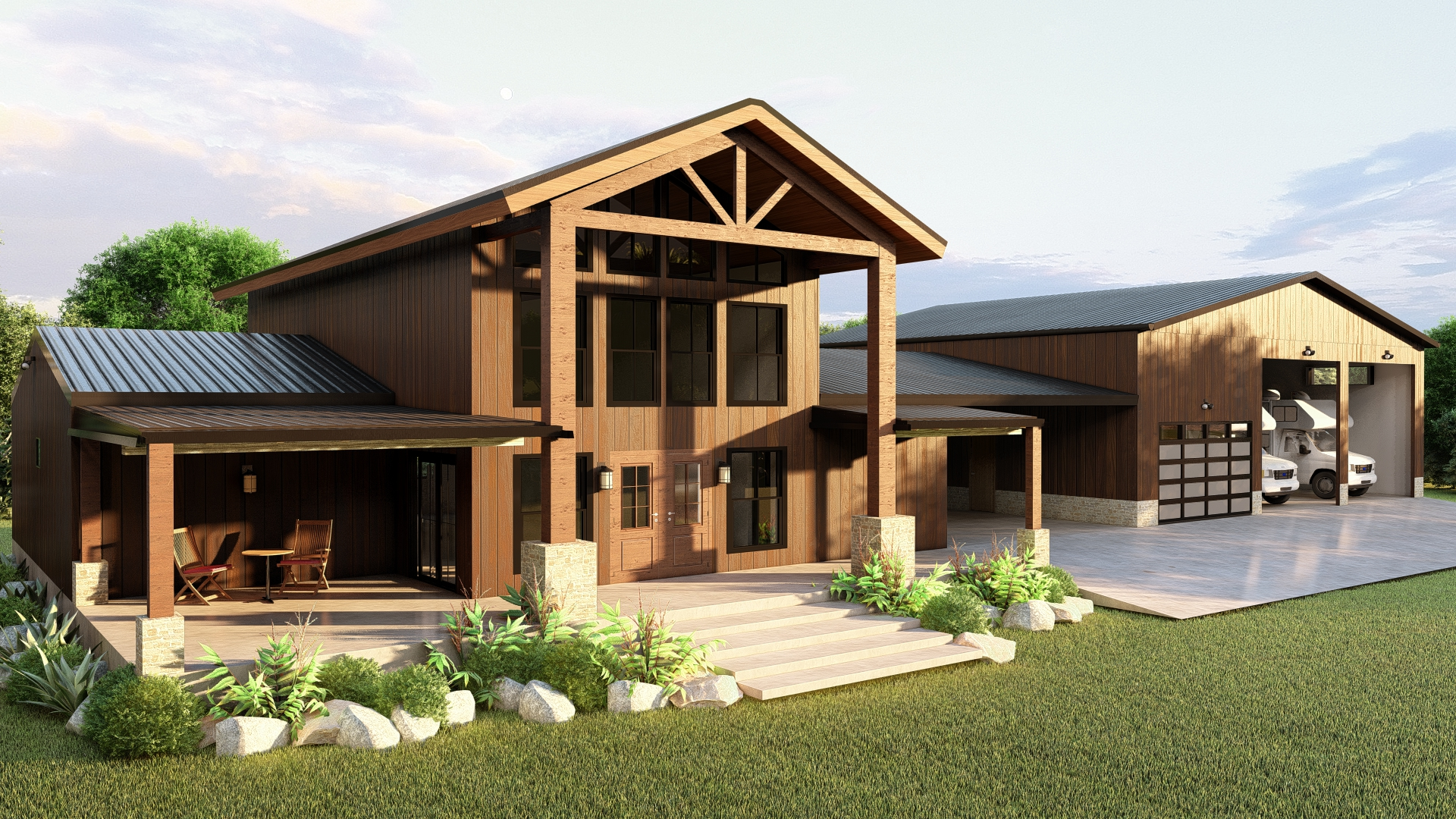 Front exterior rendering of The Timberhaven barndominium with timber accents, covered porch, large windows and attached RV garage connected by a breezeway.