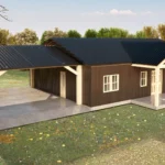 Texas barndominium rendering with a steep timber front gable, metal roof and covered porch, illustrating A-frame style design