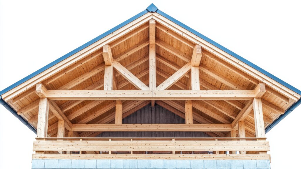 Exposed timber roof framing on a steep-pitched home, showing the rafter structure used in A-frame barndominium design