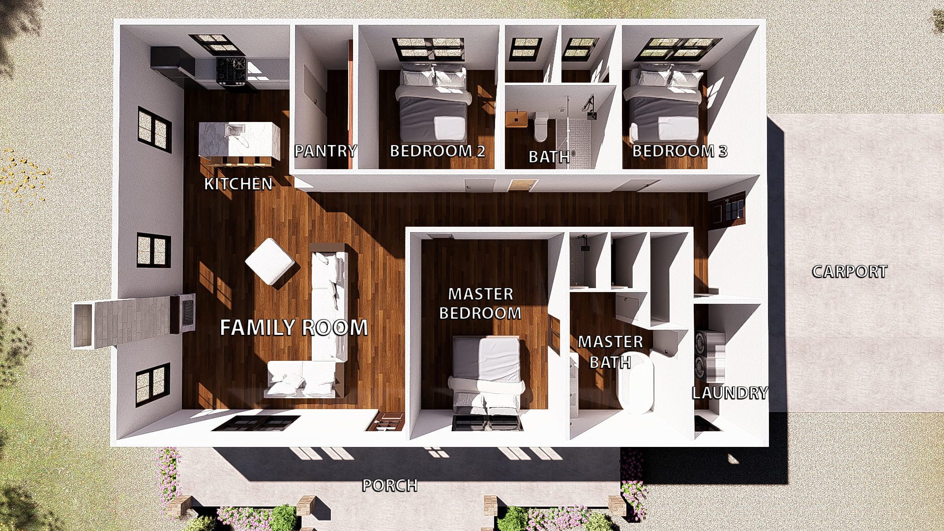 3D floor plan of The Hearthside 1,600 sq ft three-bedroom Texas barndominium showing the kitchen, family room, bedrooms, bathrooms, laundry, porch and carport.