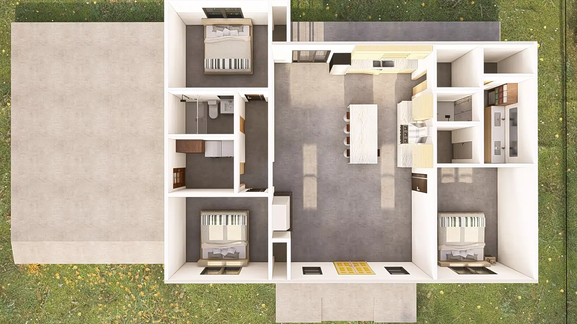 Overhead 3D floor plan of the Gablewood showing three bedrooms, two bathrooms, open kitchen and living space, covered outdoor areas and two-car carport.