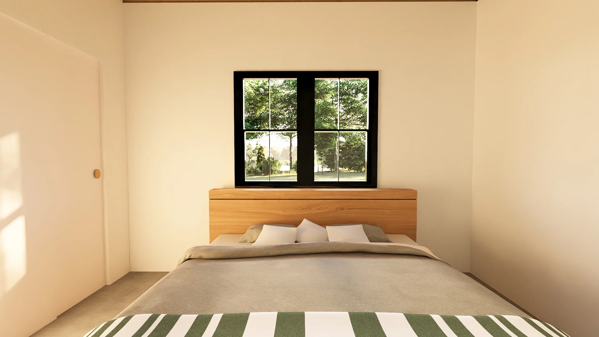 Bedroom interior in the Gablewood barndominium with a wood bed frame, black-trimmed window and warm neutral finishes.