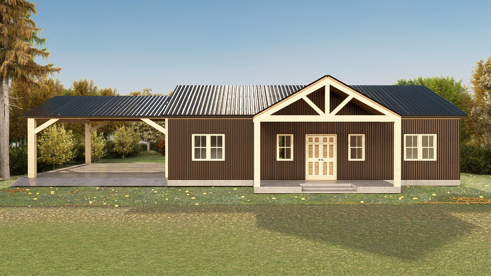 Front elevation of the Gablewood 3-bedroom barndominium with a covered porch, decorative timber gable, dark siding, black metal roof and attached two-car carport.