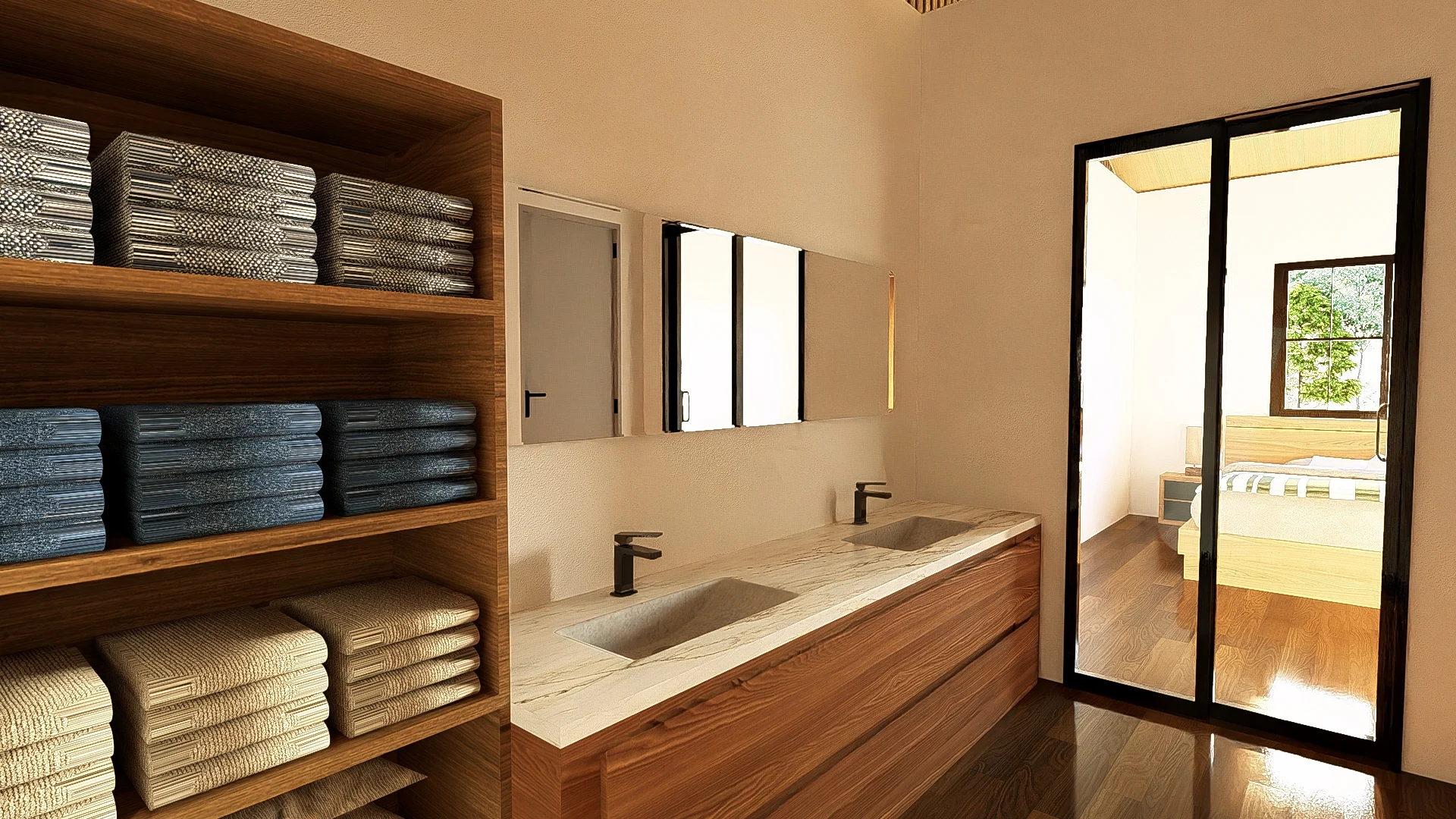 Primary bathroom in the Gablewood Texas barndominium with a double vanity, walk-in shower area, wood cabinetry and access to the primary bedroom.
