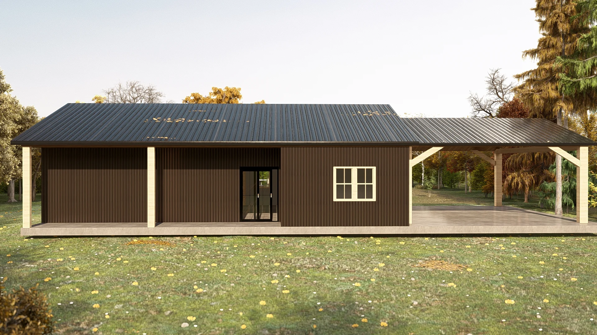 Rear exterior rendering of the Gablewood barndominium with dark metal siding, black metal roof, covered outdoor area and attached two-car carport.
