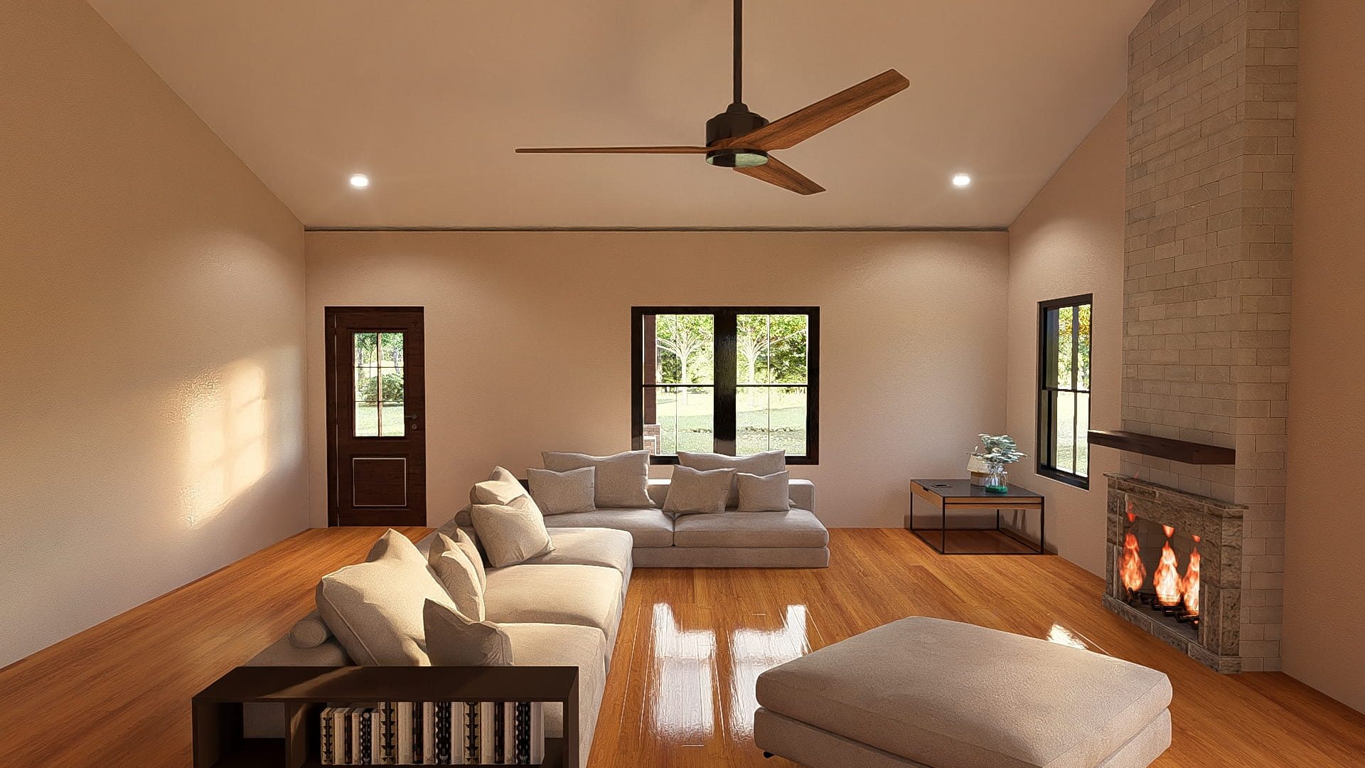 Great room inside The Hearthside Texas barndominium featuring a fireplace, large windows, wood flooring and open single-story living space.
