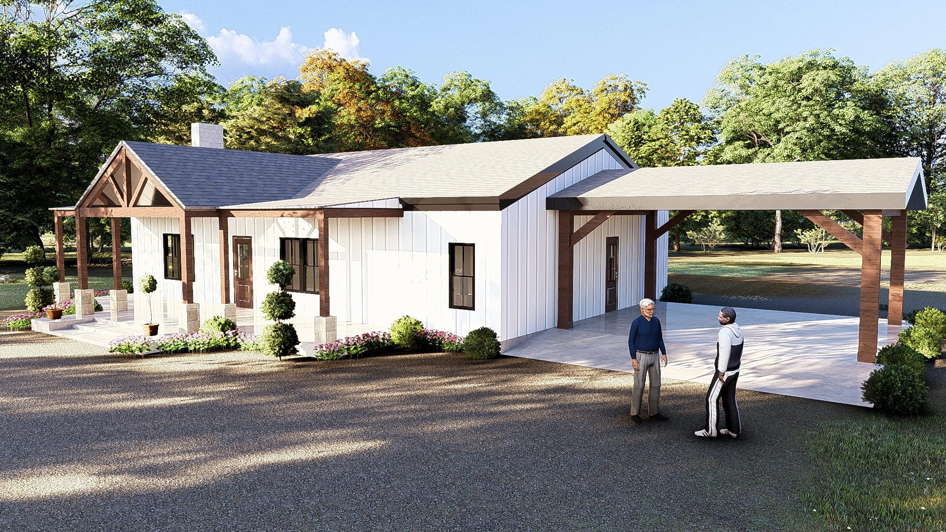 Right-side exterior view of The Hearthside Texas barndominium showing white siding, timber accents, covered porch and attached carport.