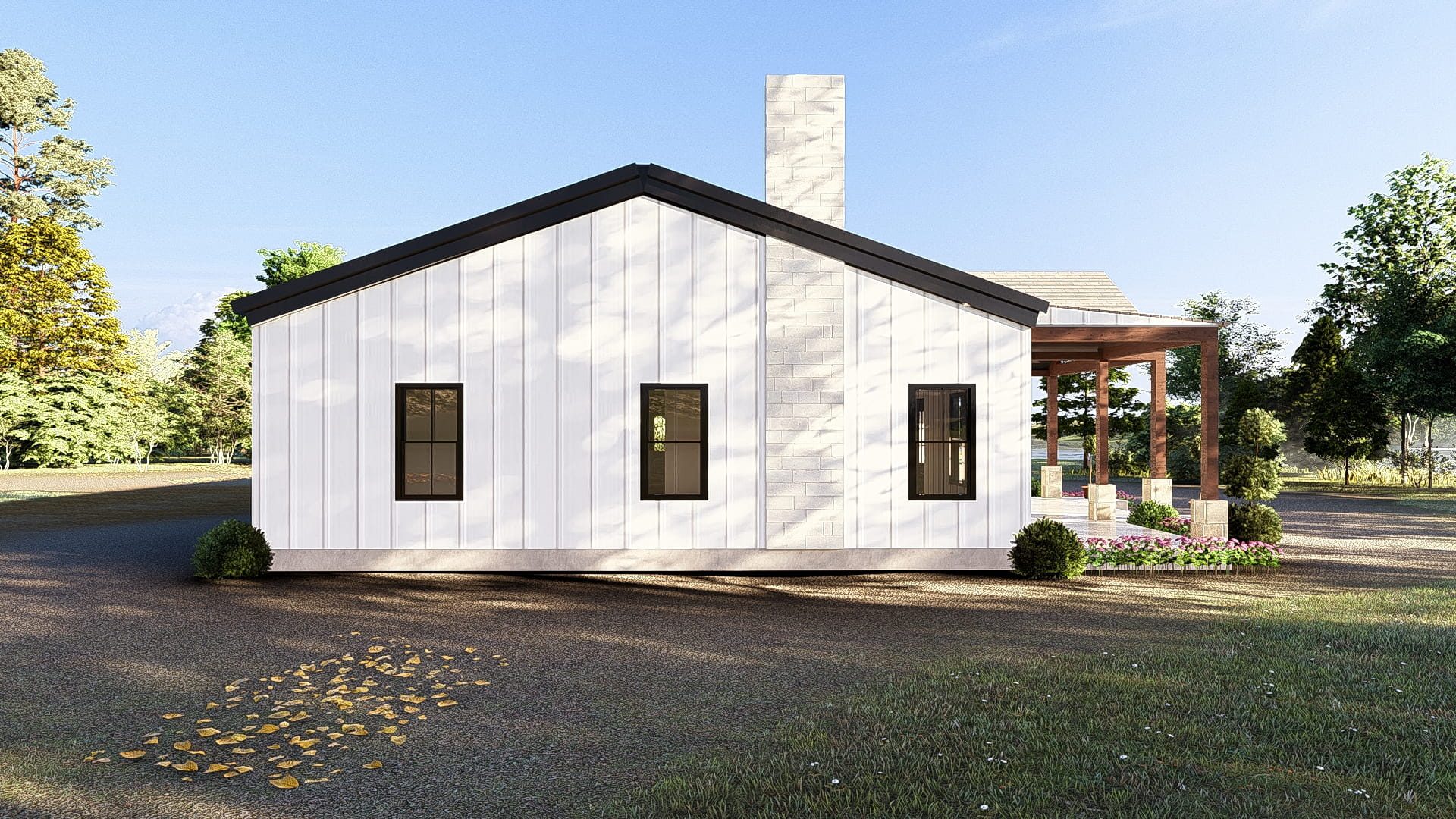 Left-side exterior of The Hearthside 1,600 sq ft Texas barndominium with white vertical siding, black-framed windows, chimney and covered front porch.