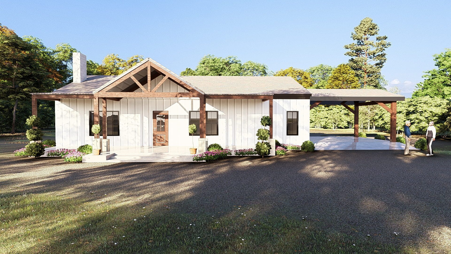 Front view of The Hearthside Texas barndominium showing the covered porch, timber framing, white siding and attached carport.