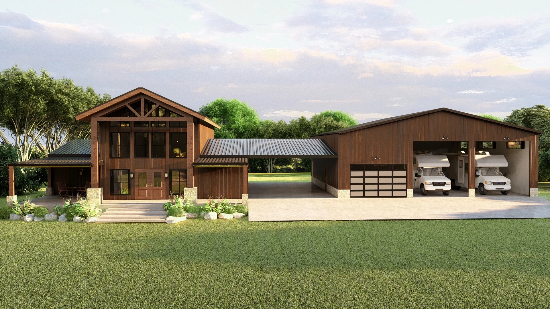 Wide front exterior rendering of The Timberhaven Texas barndominium showing the covered breezeway, timber-framed entrance, three garage bays and two parked RVs.