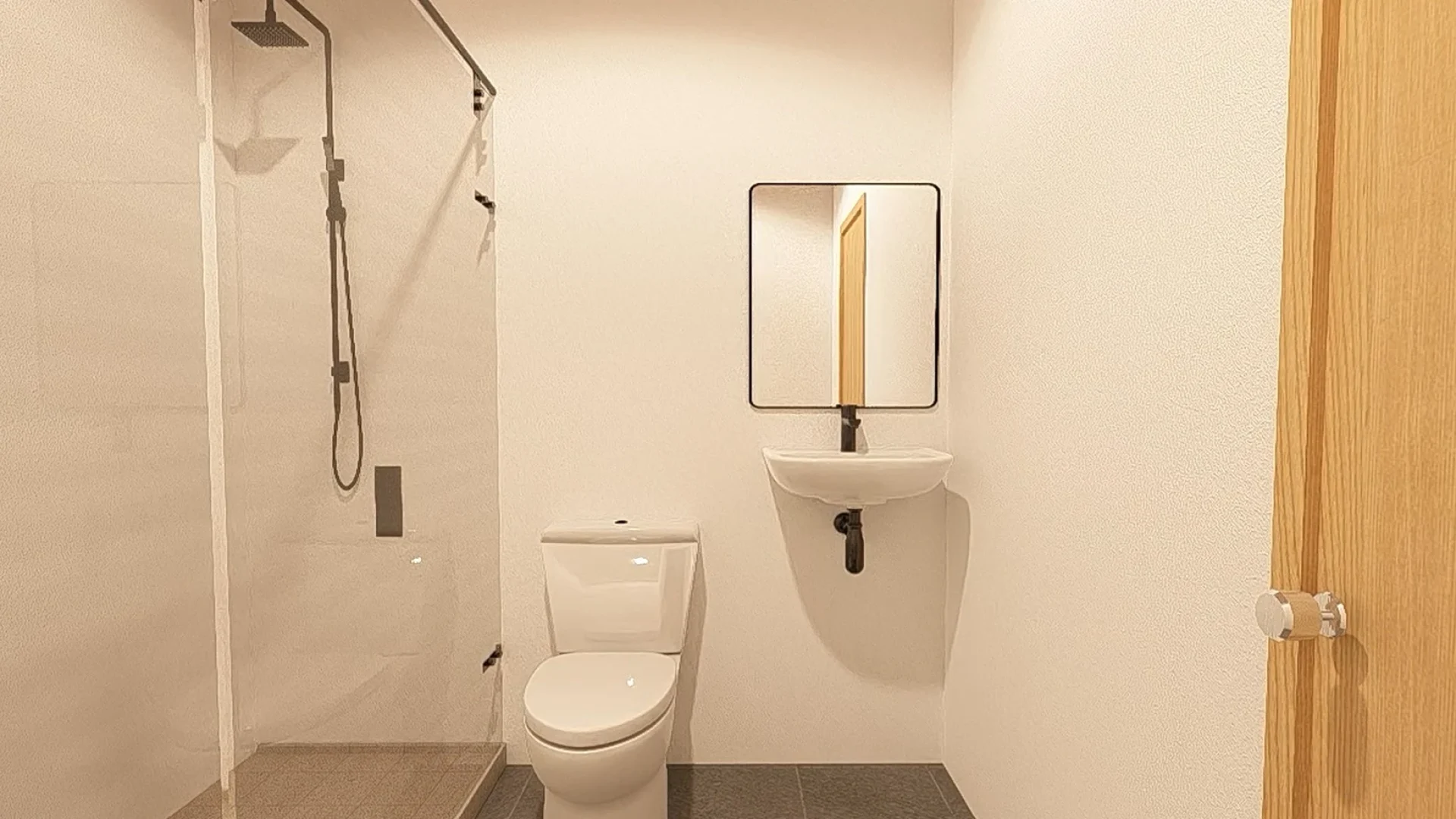 Guest bathroom rendering featuring a glass-enclosed walk-in shower, white toilet, wall-mounted sink, rectangular mirror and light wood door.