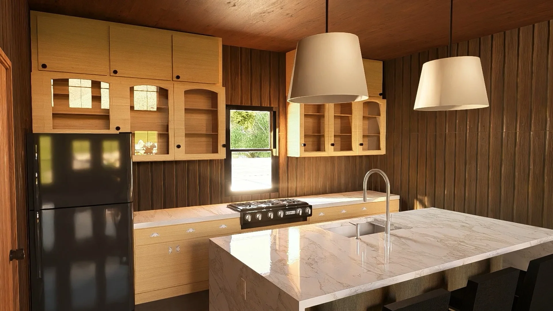 Kitchen interior in The Timberhaven barndominium featuring light wood cabinets, marble-look island, farmhouse-style sink, black refrigerator and pendant lighting.