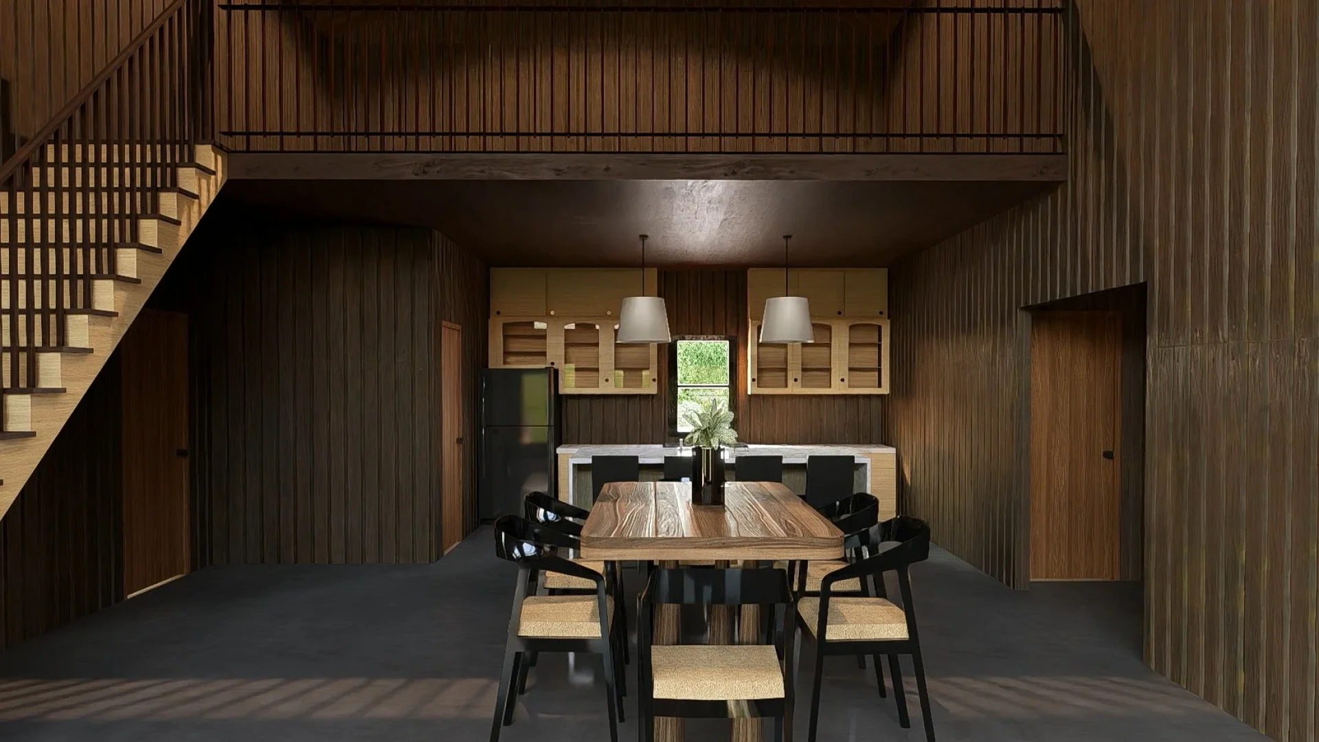 Open-concept dining area in The Timberhaven Texas barndominium, featuring a wooden dining table, staircase, upstairs loft and kitchen.