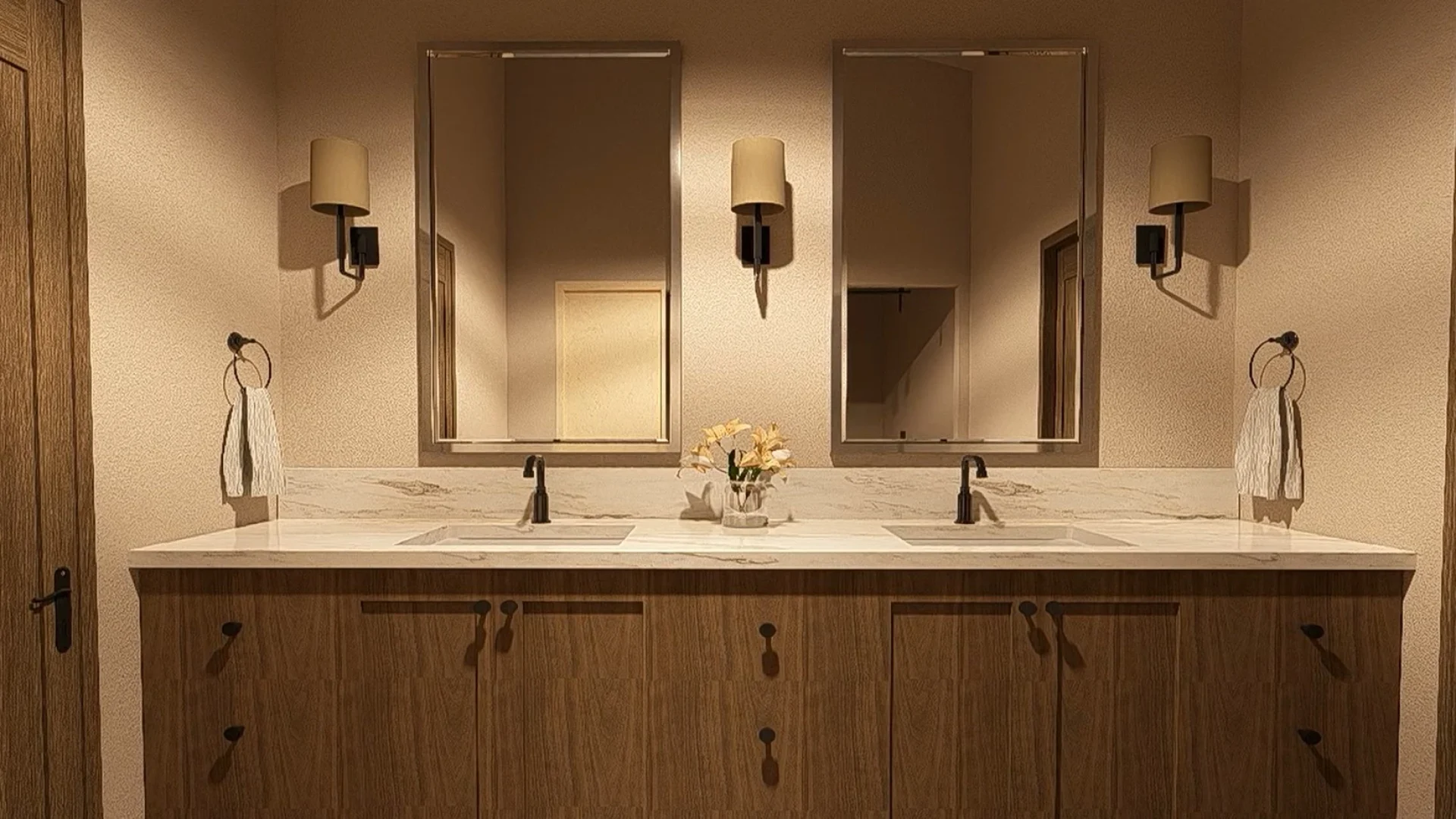 Primary bathroom featuring a wooden double-sink vanity, marble-look countertop, two rectangular mirrors, black faucets and wall-mounted lighting.